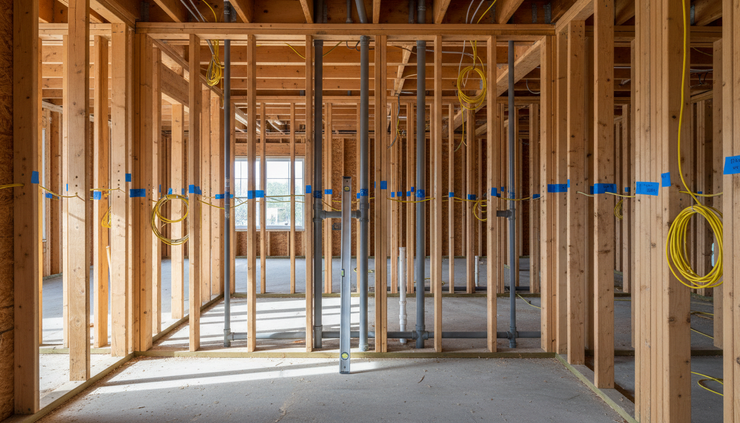 Eye-level view of a partially finished room with exposed rough-in work.