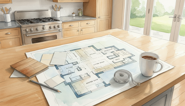 Overhead view of a renovation floor plan laid on a kitchen island with samples of wood flooring and paint nearby