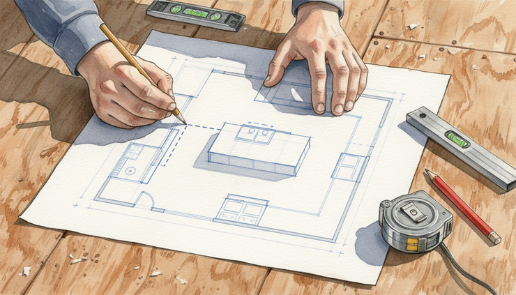 Close-up view of hands marking a renovation sketch beside a tape measure on a plywood subfloor