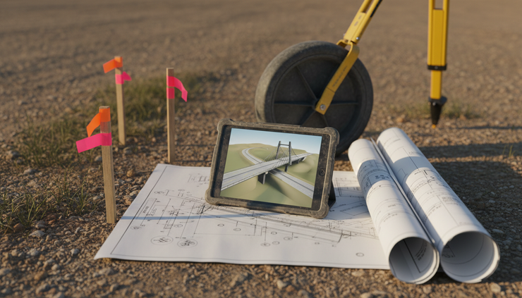 Low-angle view of a large infrastructure model on a rugged tablet beside printed civil drawings.