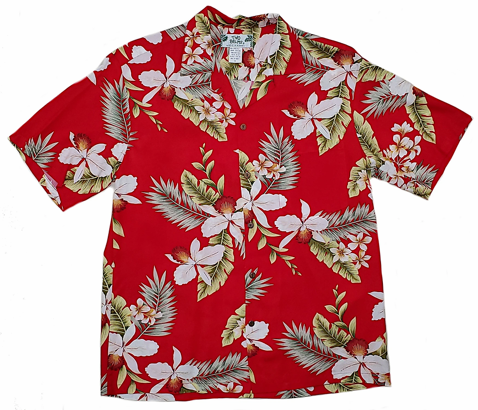 Thumbnail: Mens red Hawaiian shirt with retro tropical orchid print, made in Hawaii from 100% rayon