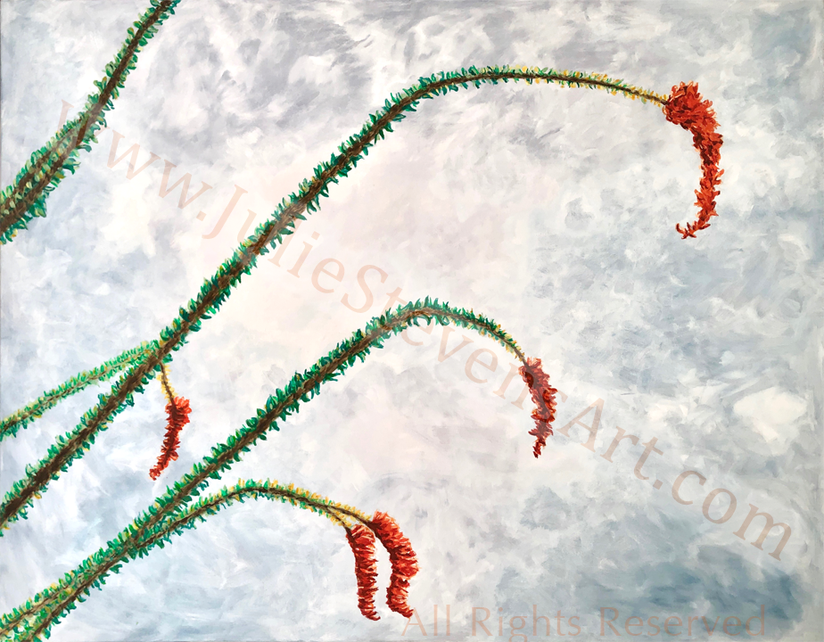 Large painting of Green ocotillo blooming