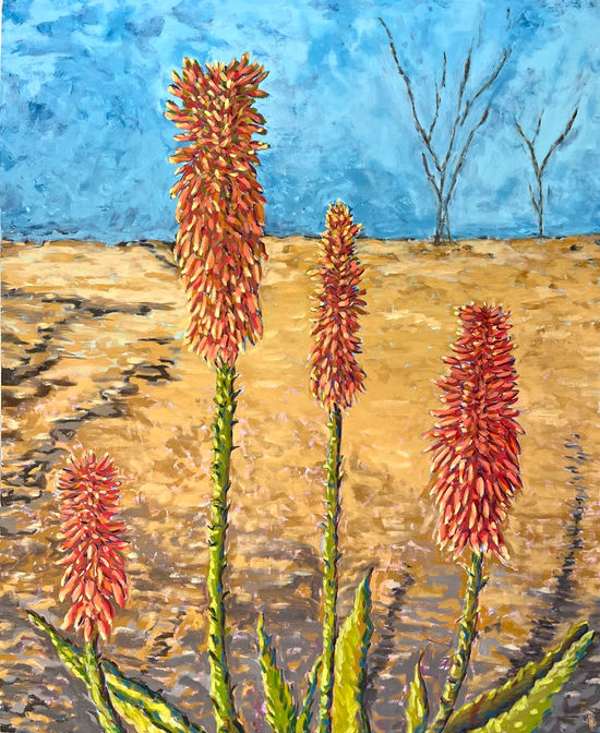 Agave Bloom, desert art, desert bloom, large art, colorful art, desert bloom, desert art, desert plant, desert flowers, desert blooms, desert art, desert painting, painting, oil paint, oil painting, large art, colorful art, modern art, contemporary art, red, red Agave bloom, orange blooms