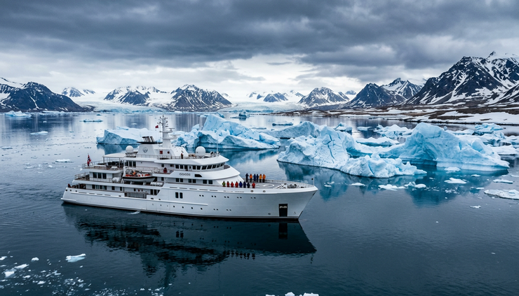 Wide-angle view of a small expedition yacht near blue ice in polar waters.