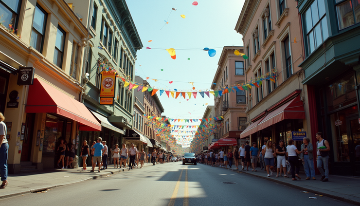Eye-level view of the colorful Castro District street with rainbow flags and festive decorations