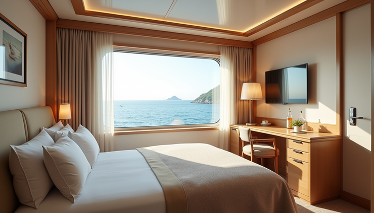Eye-level view of a stylish solo cabin on a cruise ship with a large window overlooking the ocean
