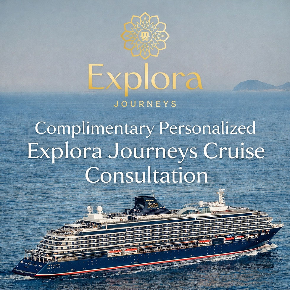 Eye-level view of a sleek Explora Journeys ship docked at a serene coastal port