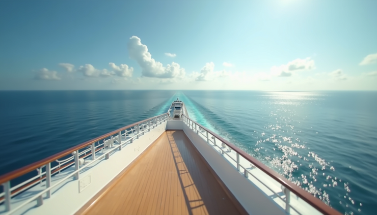 Eye-level view of a luxurious cruise ship deck with ocean horizon