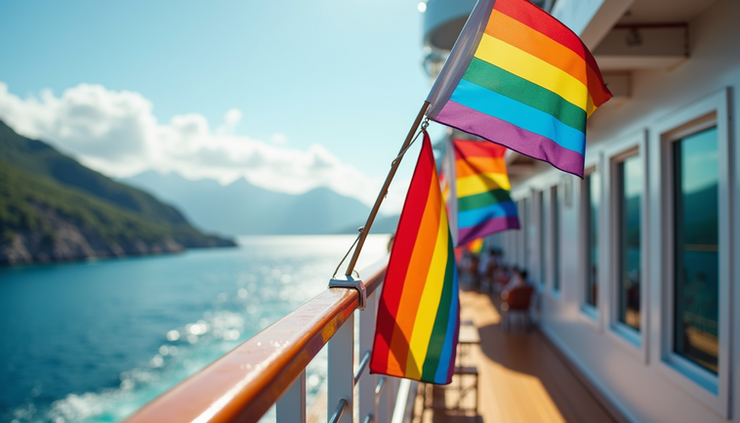 Eye-level view of a cruise ship deck with rainbow flags fluttering in the breeze