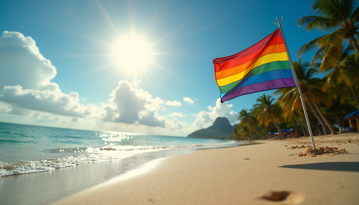Eye-level view of a colorful rainbow flag flying over a tropical beach in Costa Rica