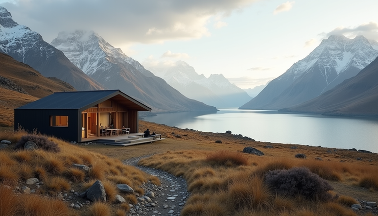 Eye-level view of a luxury lodge overlooking a vast Patagonian landscape with mountains and lakes