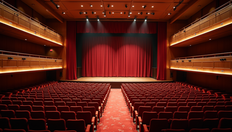 High angle view of a Virgin Voyages ship’s main theater with stage and seating