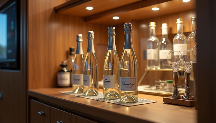 Eye-level view of a stocked mini bar with bottles of still and sparkling water inside a luxury yacht suite