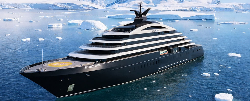 Eye-level view of an ultra-luxury yacht docked at a serene marina with clear blue waters