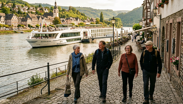 Eye-level view of travelers walking along a historic riverside town near a moored cruise ship.