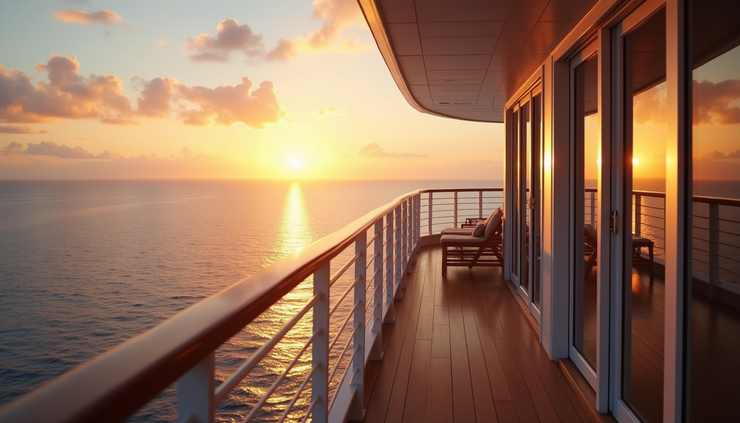 Close-up view of elegant suite balcony on Regent Seven Seas cruise ship overlooking the ocean at sunset