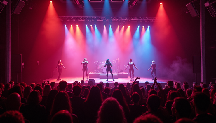 High angle view of a lively drag show stage with colorful lighting