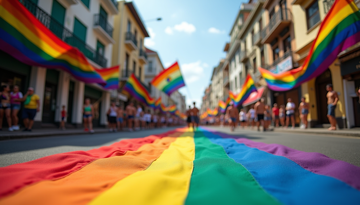 Eye-level view of colorful Rio de Janeiro street decorated for pride celebration