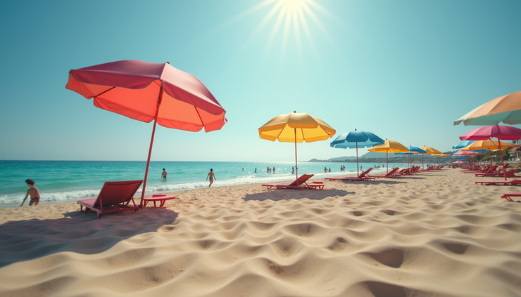 Eye-level view of colorful beach umbrellas and calm sea at a popular LGBT-friendly coastal town