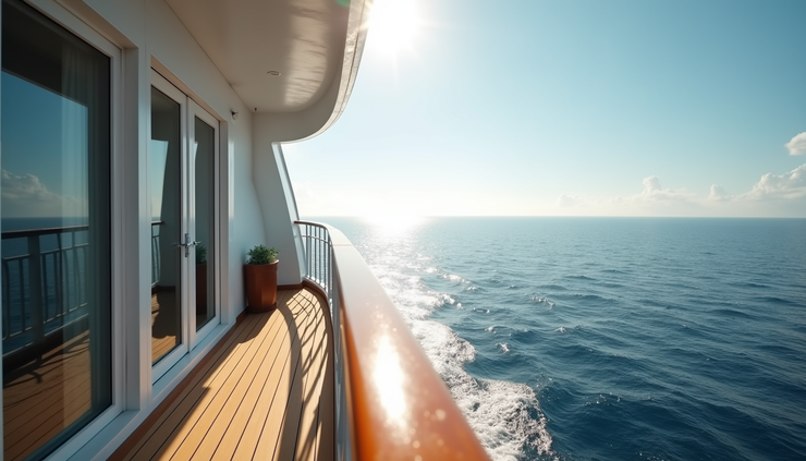 Eye-level view of a luxury cruise ship suite balcony overlooking calm ocean waters