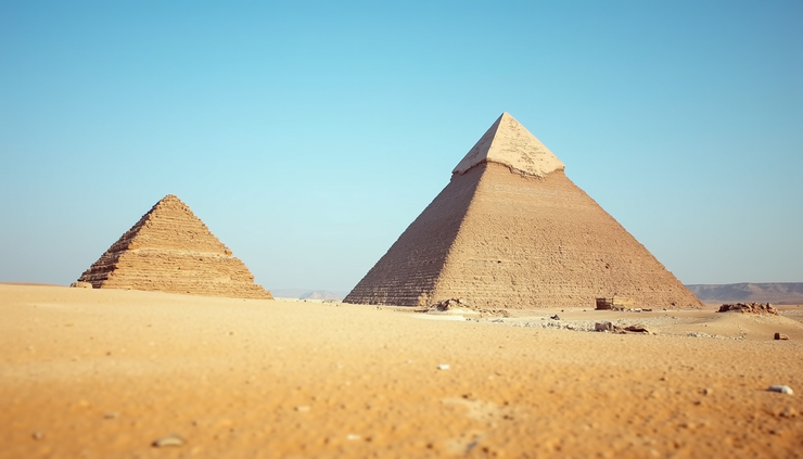 Eye-level view of the ancient pyramids of Giza under a clear blue sky