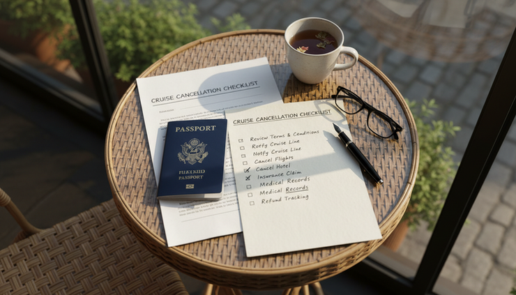 Overhead view of travel documents, a passport, and a handwritten cancellation checklist.