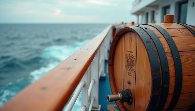 Eye-level view of a wooden bourbon barrel on a ship deck with ocean in the background
