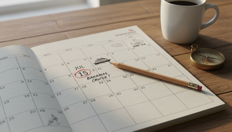 Close-up view of a paper travel calendar with a circled cruise departure date.