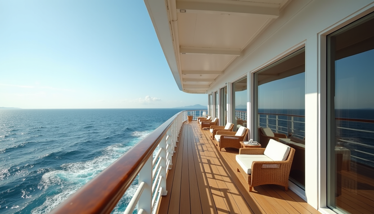 Eye-level view of a cruise ship balcony with ocean horizon