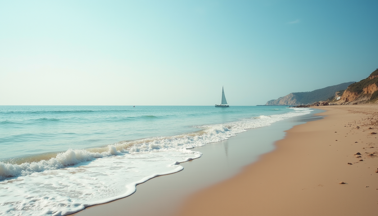 High angle view of a quiet beach with soft waves and a single sailboat in the distance