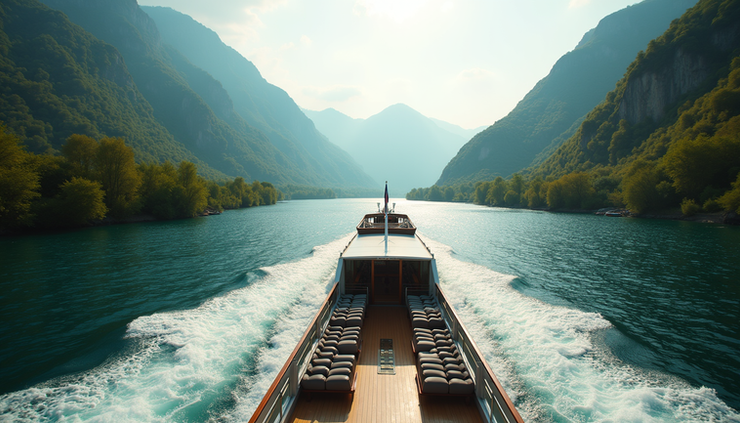 Eye-level view of a luxurious river cruise ship sailing through a scenic European river valley