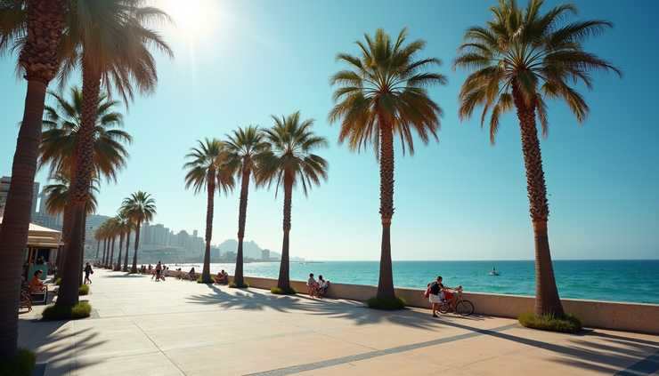 Eye-level view of the historic Mazatlan waterfront promenade with palm trees and ocean