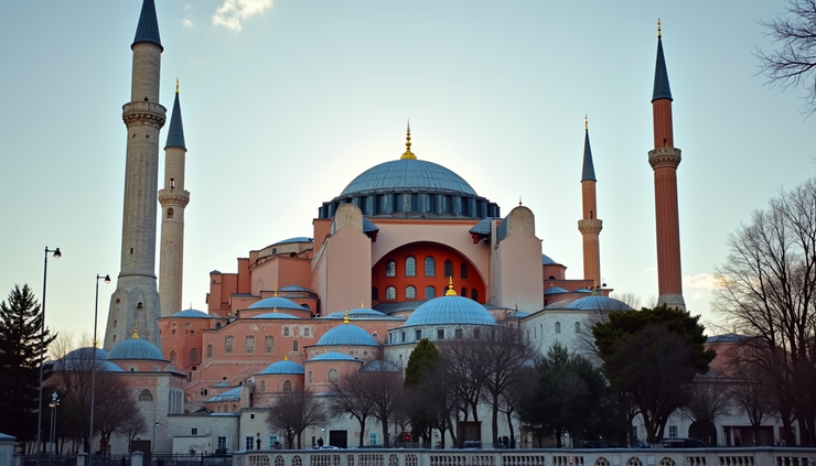 Eye-level view of the Hagia Sophia exterior with its grand domes and minarets