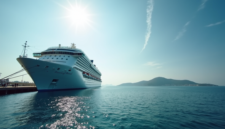 Eye-level view of a large cruise ship docked at a port with a distant foreign island visible in the background