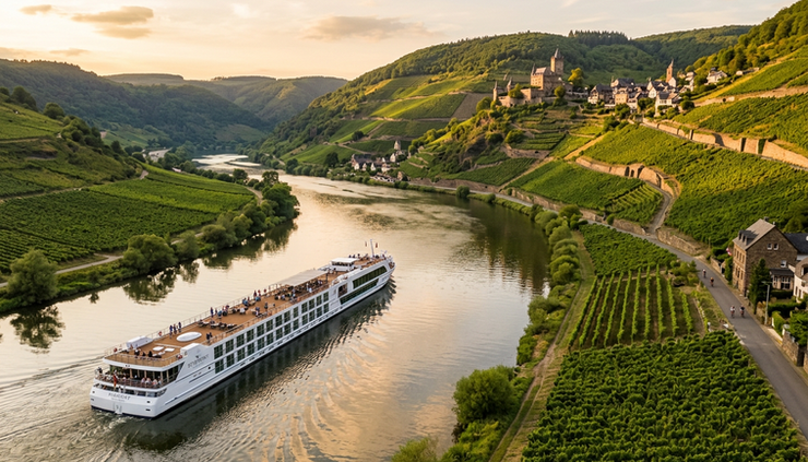 Wide-angle view of a luxury river cruise ship moving through a vineyard valley.