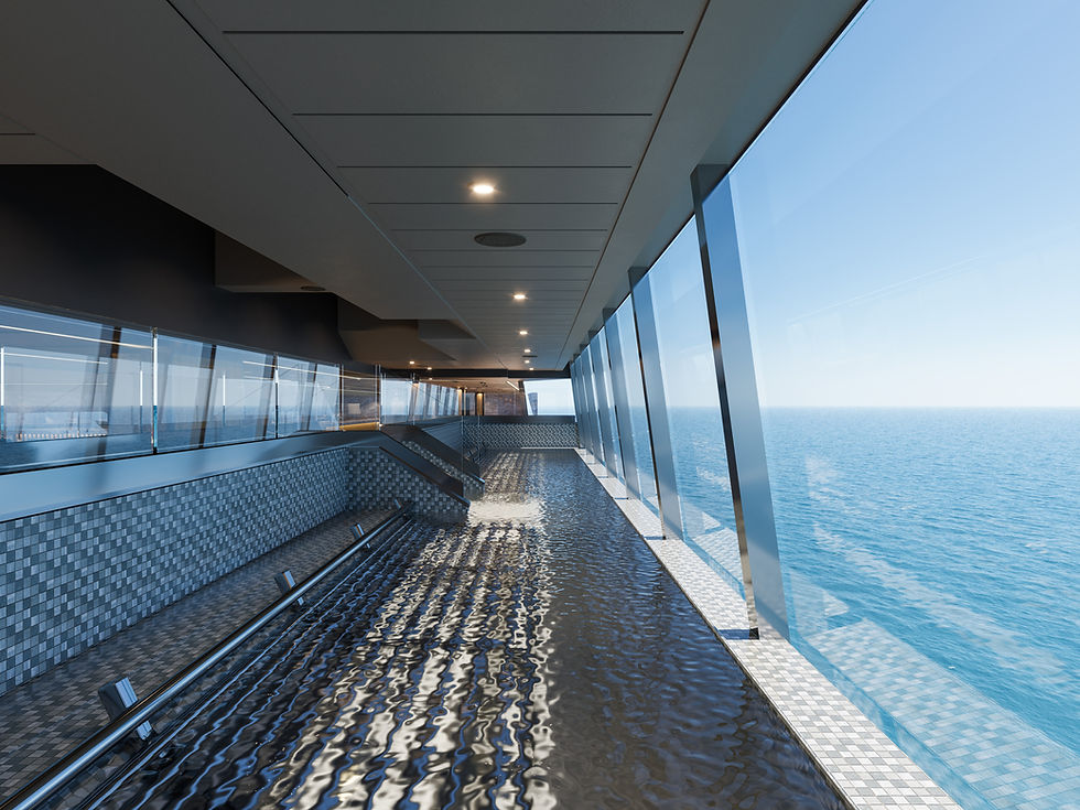 Eye-level view of a luxurious cruise ship suite balcony overlooking the ocean