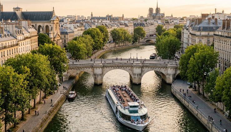 High-angle view of a river ship passing under a stone bridge in France.