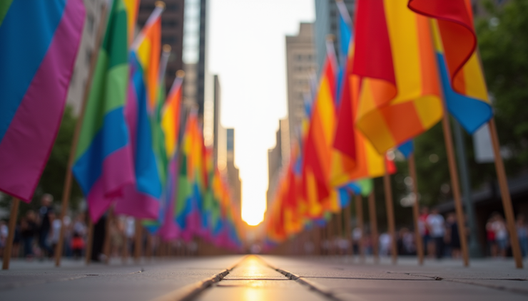 Eye-level view of colorful Pride flags lining the 16th Street Mall during Denver Pride Fest