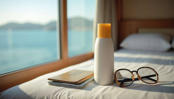 Close-up view of cruise ship cabin essentials including sunscreen, water bottle, and travel documents