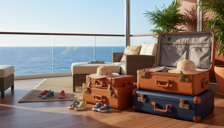 Wide-angle view of a family’s luggage arranged near a private cruise terrace before departure