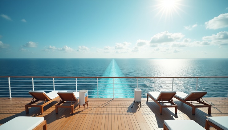 Eye-level view of a Virgin Voyages ship deck with lounge chairs and ocean horizon