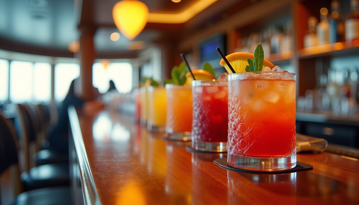 Eye-level view of a vibrant cruise ship bar with colorful specialty cocktails lined up