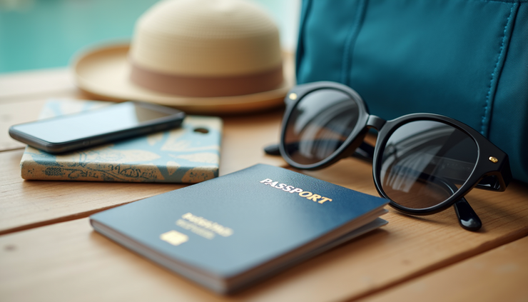 Eye-level view of neatly packed cruise travel essentials including a passport, sunglasses, and a travel bag