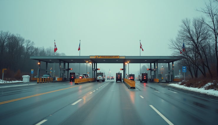 Eye-level view of a Canadian border crossing checkpoint with customs booths