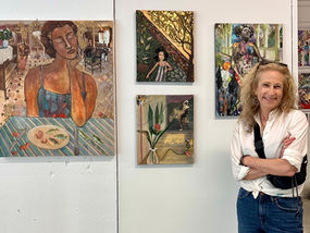 Artist Denise Jones Adler in front of her artworks showcased at Clio Art Fair, May 1-4 & May 8-11, 2025