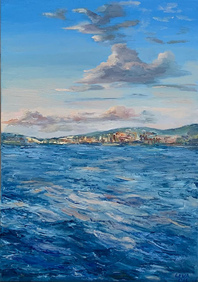 original oil on canvas painting, sunset seascape, sun goes down over the sea scene