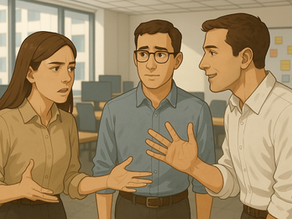 Una escena en una oficina moderna con iluminación natural. Tres personas interactúan: una mujer joven con expresión seria está hablando mientras otro compañero la interrumpe levantando la voz, y un tercer colaborador observa con incomodidad.