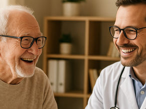 consulta médica entre un adulto mayor y un geriatra sonriendo, en un ambiente cálido y profesional