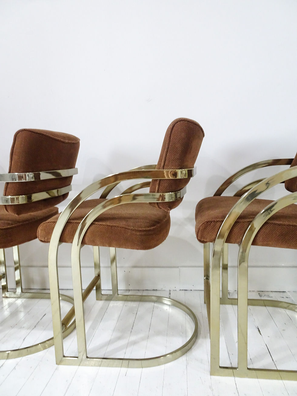 Thumbnail: pair of 1980s brass counter stools with deep brown upholstery