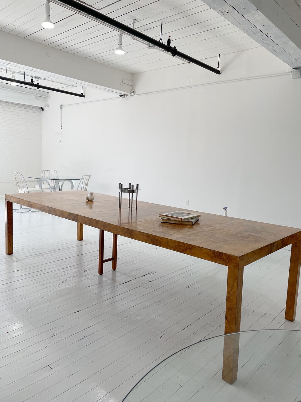 Thumbnail: milo baughman burl wood extendable dining table
